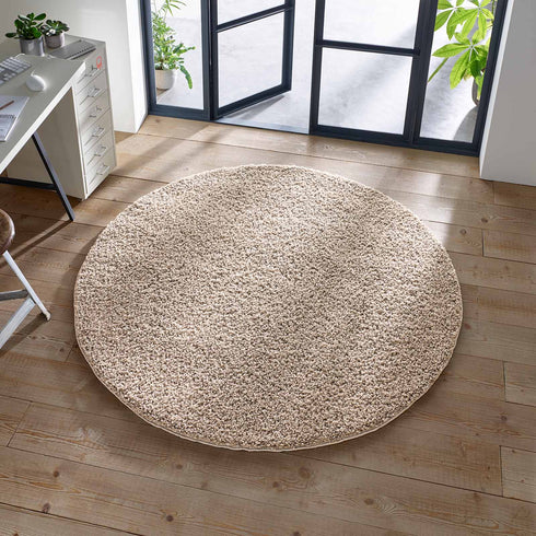 Shaggy Teppich | Flauschiger Langflor fürs Wohnzimmer, Esszimmer, Schlafzimmer oder Kinderzimmer | Beige Rund